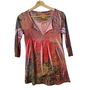Casual Freedom Y2K Pink & Red Silk Blend Burnout Printed Half Sleeve Top S